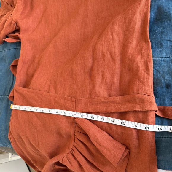 Linen Handmade Studio Tobacco Burnt Orange Cheryl Ruffle Wrap Mini Dress Size 6 - Picture 8 of 13
